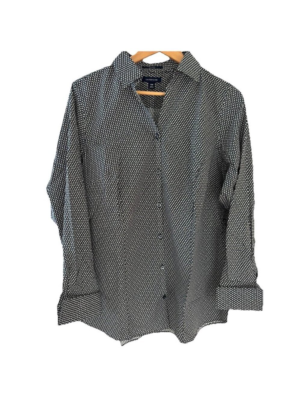 Lands' End Button Front Shirt Women's Size 14W Black Geometric Stretch NWOT